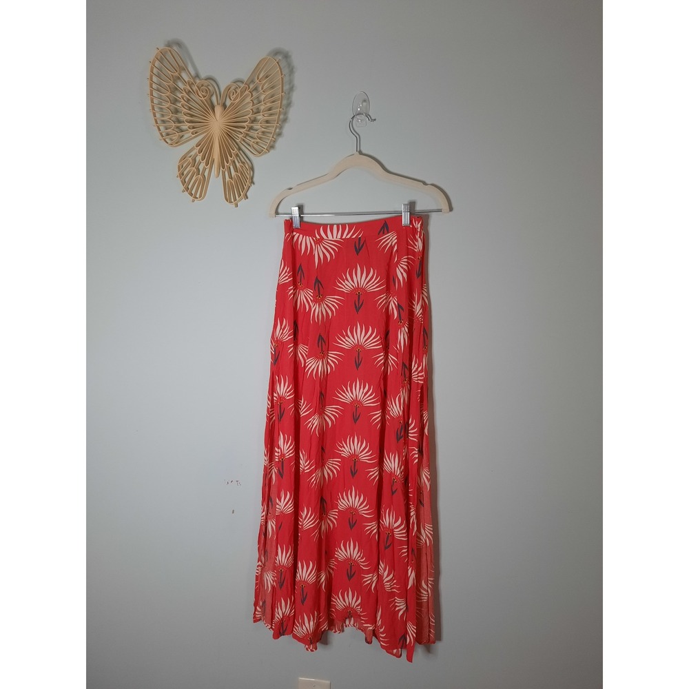 Lulus Red Floral Print Maxi Skirt High Slit Rayon Boho Summer Festival Medium